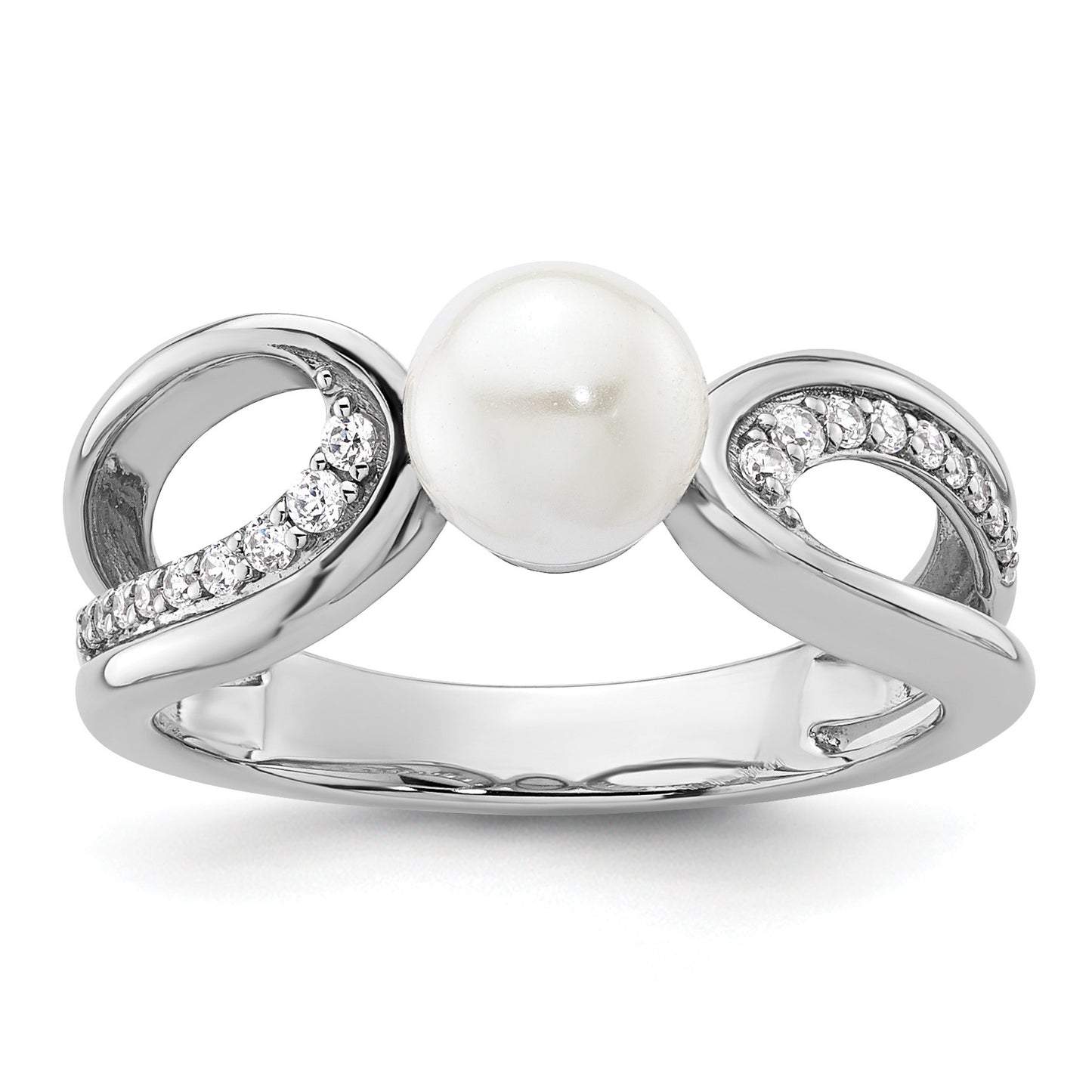 14K White Gold Polished 1/8 carat Diamond and White Freshwater Cultured Pearl Size 7 Ring