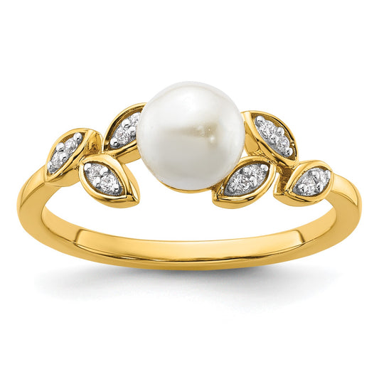 14K Polished 1/20 carat Diamond and White Freshwater Cultured Pearl Leaf Design Size 7 Ring