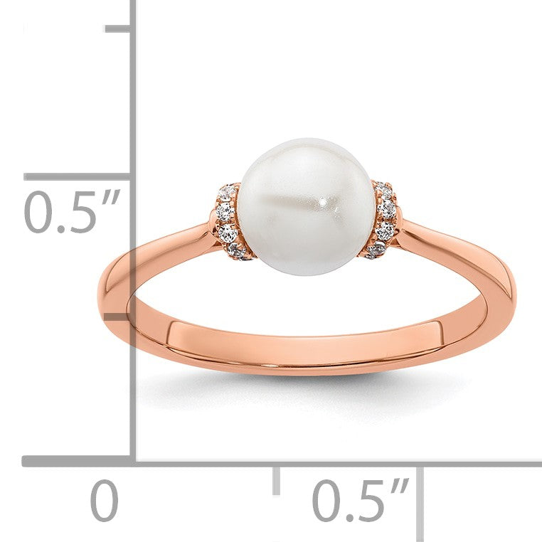14K Rose Gold Polished 1/15 carat Diamond and White Freshwater Cultured Pearl Size 7 Ring