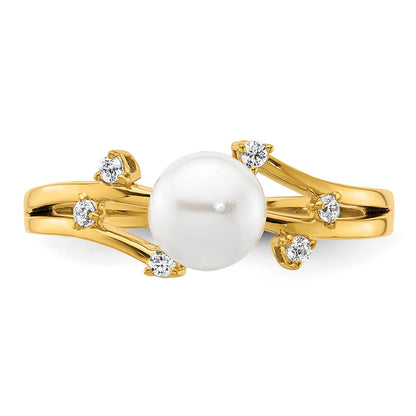 14K Polished 1/10 carat Diamond and White Freshwater Cultured Pearl Size 7 Ring