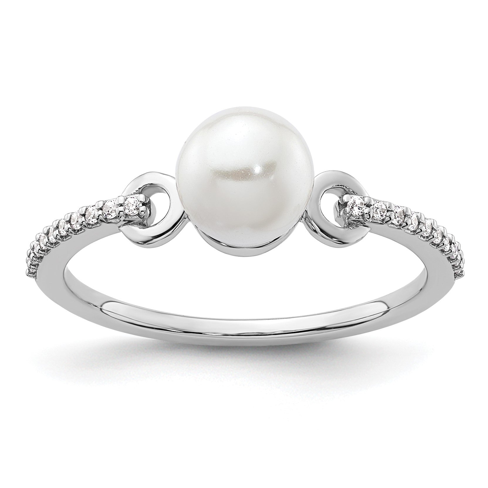 14K White Gold Polished White Freshwater Cultured Pearl and 1/15 carat Diamond Fashion Ring
