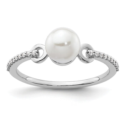 14K White Gold Polished White Freshwater Cultured Pearl and 1/15 carat Diamond Fashion Ring