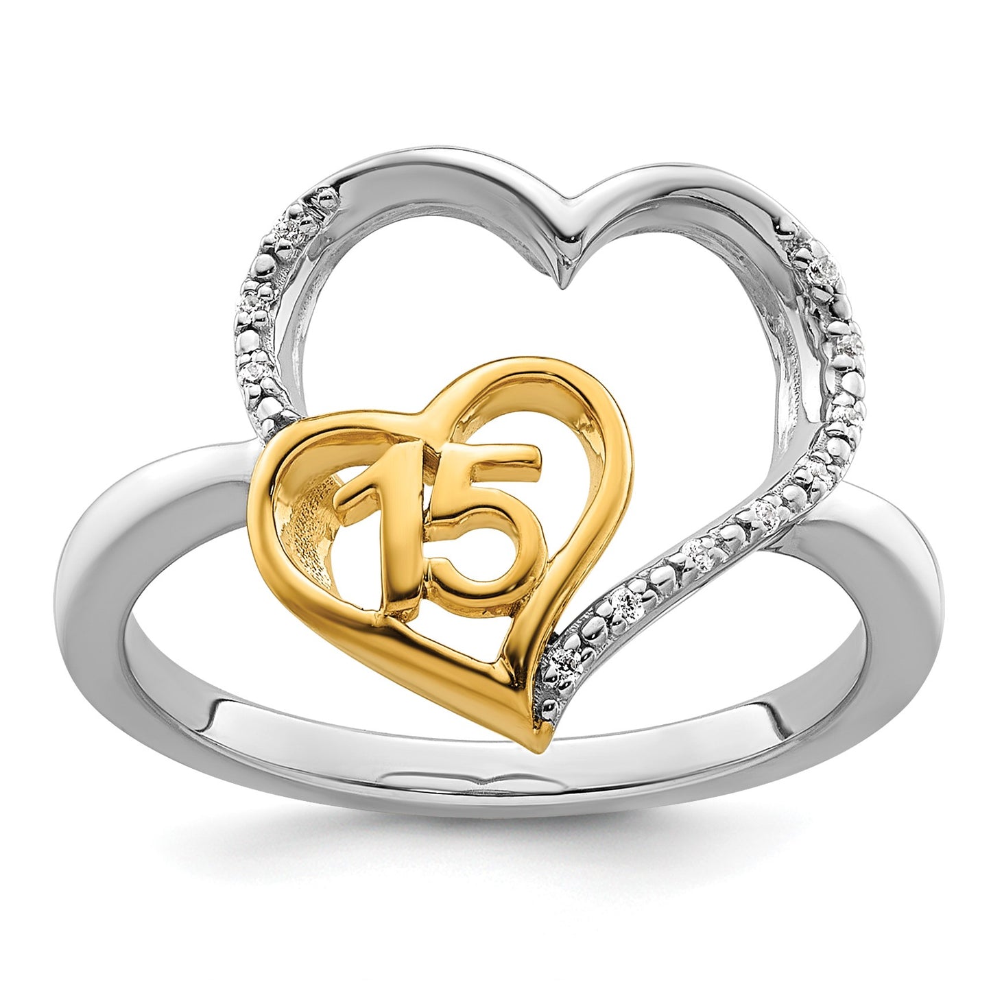 14K Two-tone Polished Diamond Quinceanera 15 Heart Ring