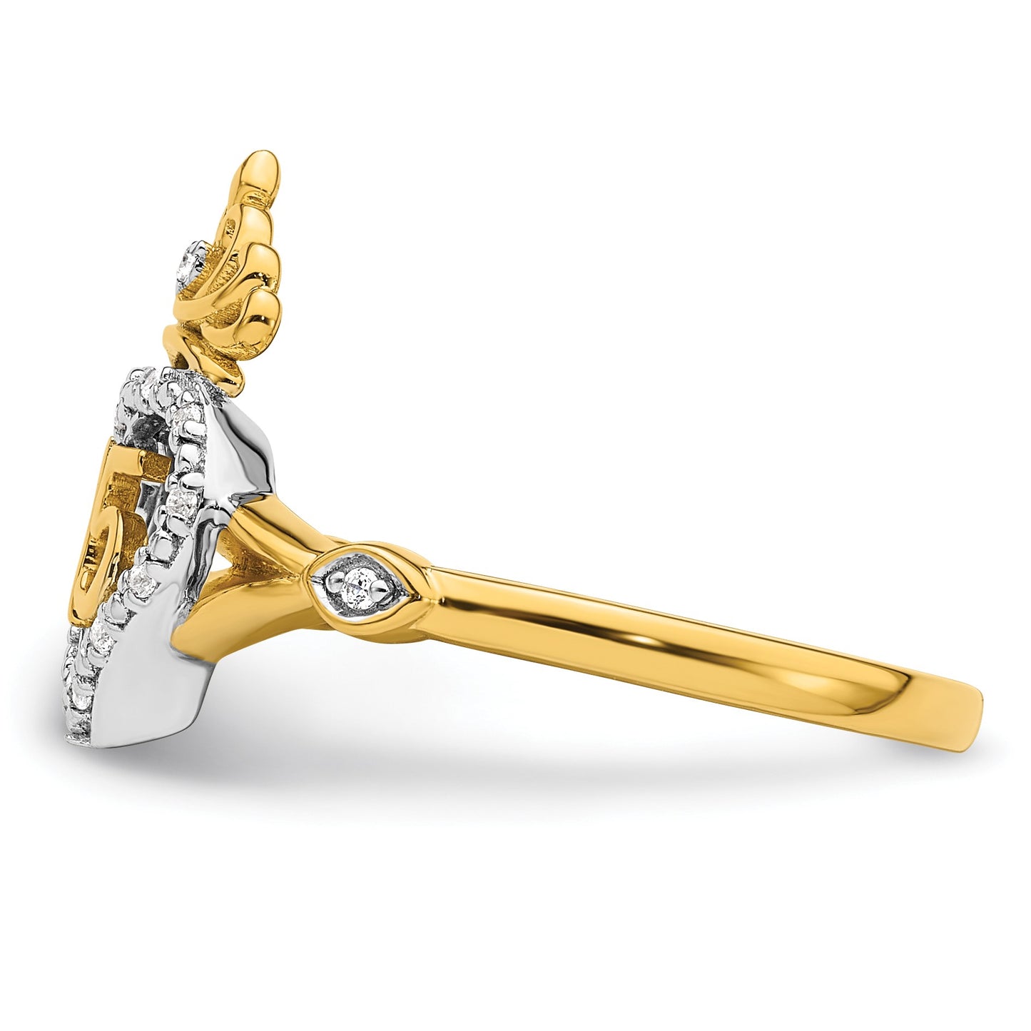 14K Two-tone Polished 1/15 carat Diamond Quinceanera 15 Heart/Crown Ring
