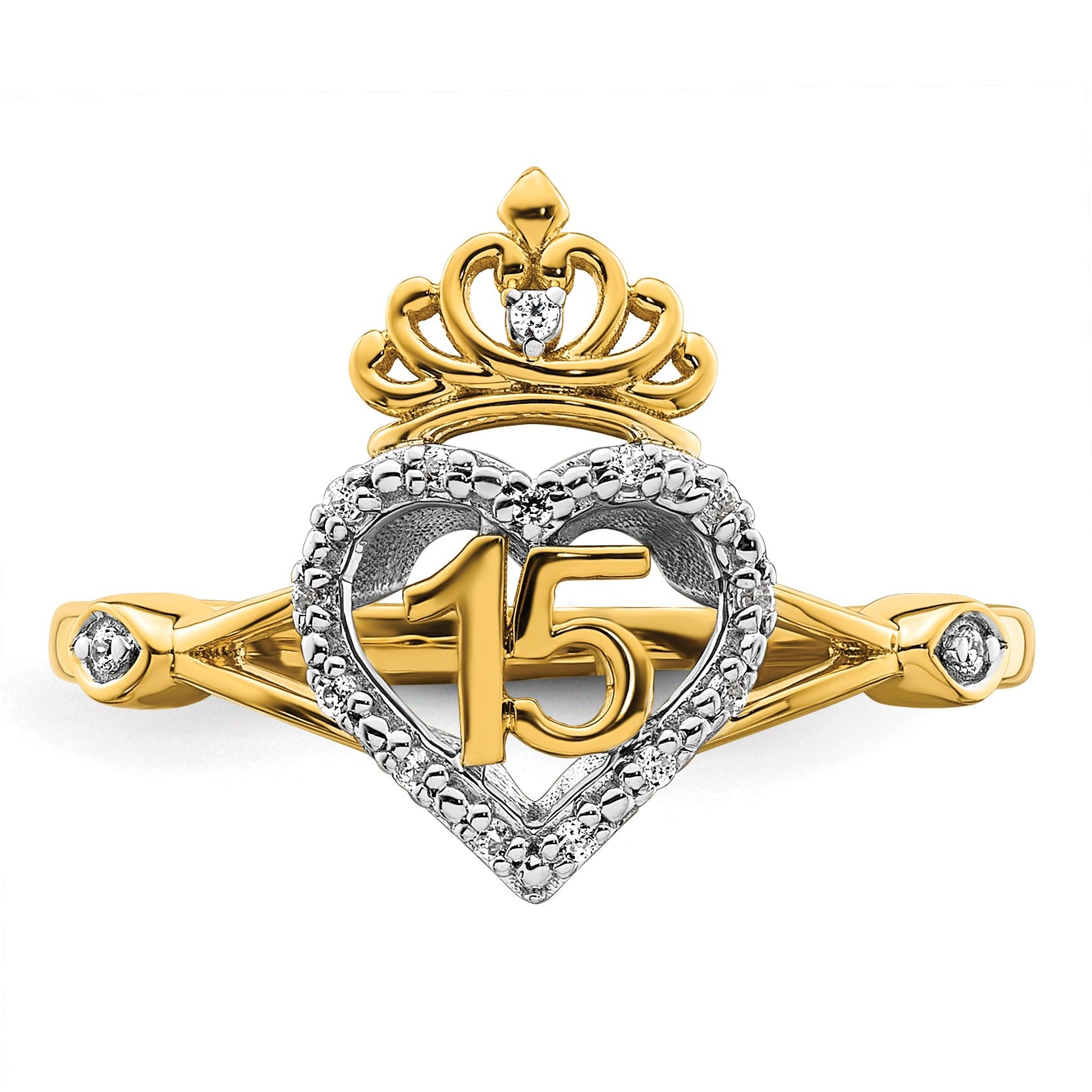 14K Two-tone Polished 1/15 carat Diamond Quinceanera 15 Heart/Crown Ring