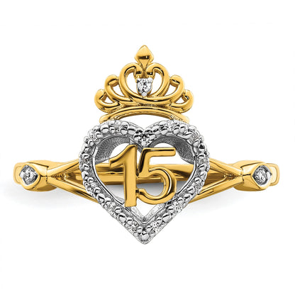 14K Two-tone Polished 1/15 carat Diamond Quinceanera 15 Heart/Crown Ring
