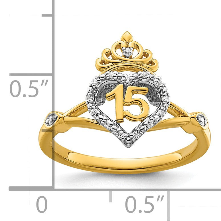 14K Two-tone Polished 1/15 carat Diamond Quinceanera 15 Heart/Crown Ring