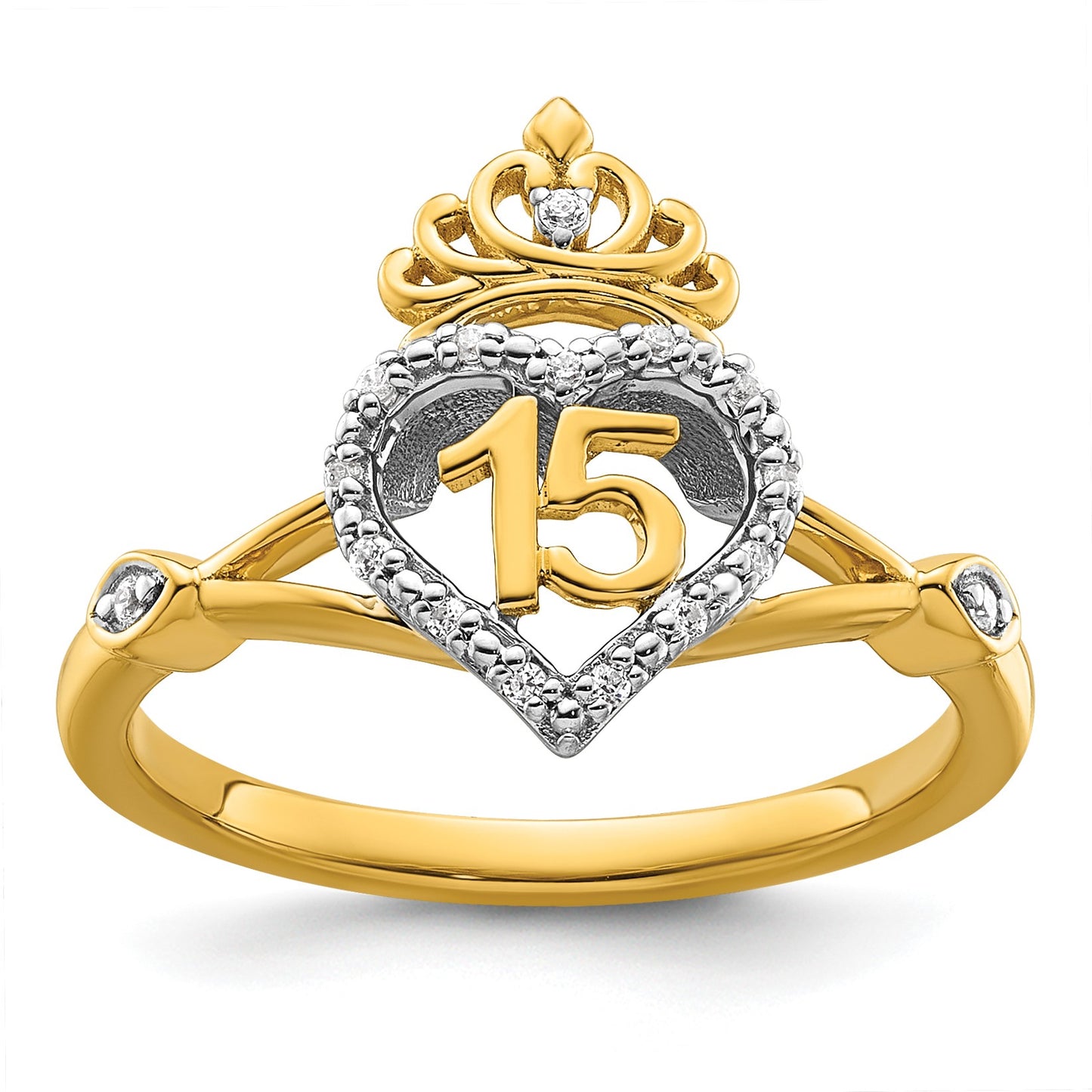 14K Two-tone Polished 1/15 carat Diamond Quinceanera 15 Heart/Crown Ring