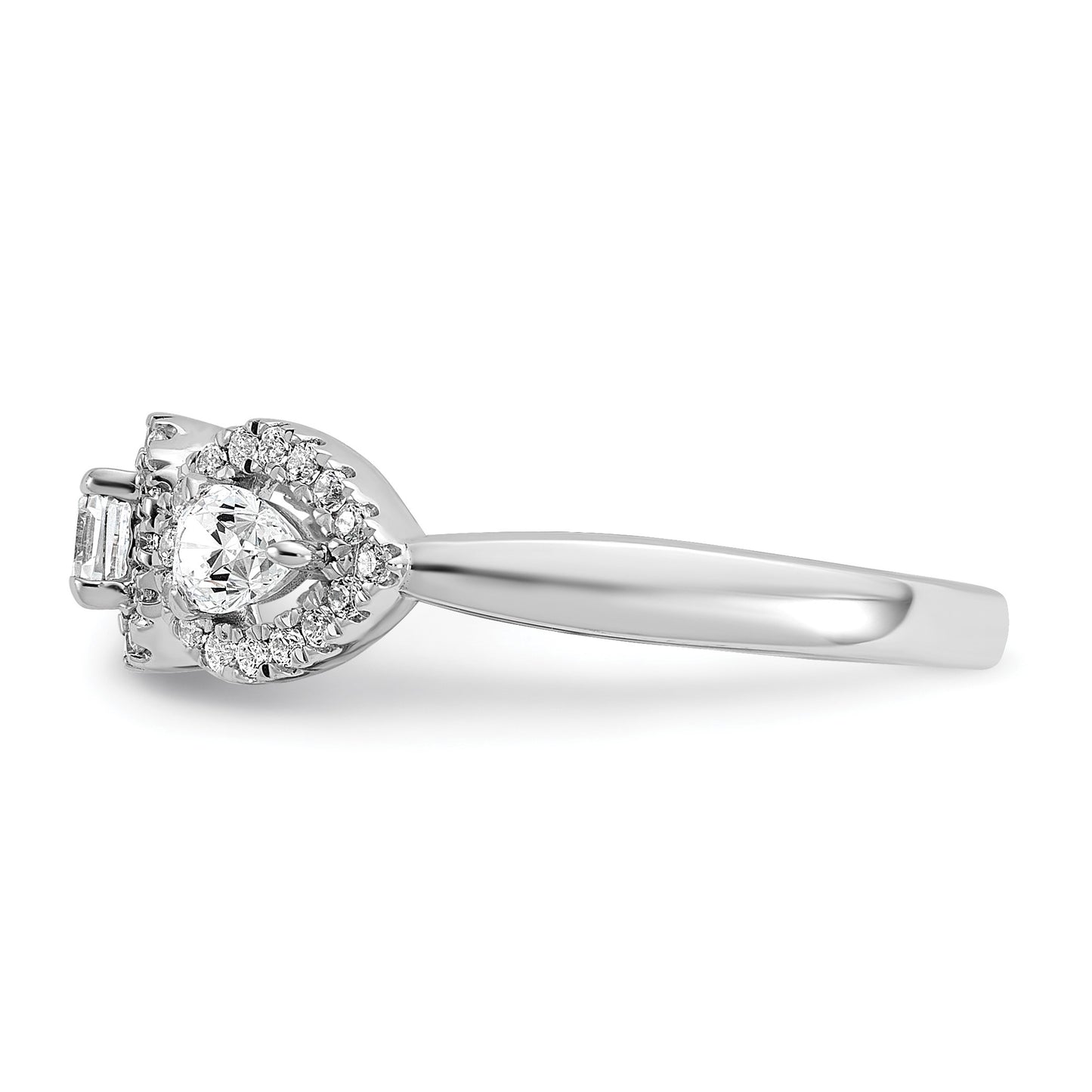 14k White Gold 5/8 carat Lab Grown Diamond VS/SI+ G+ Three Stone Emerald and Pear Complete Engagement Ring