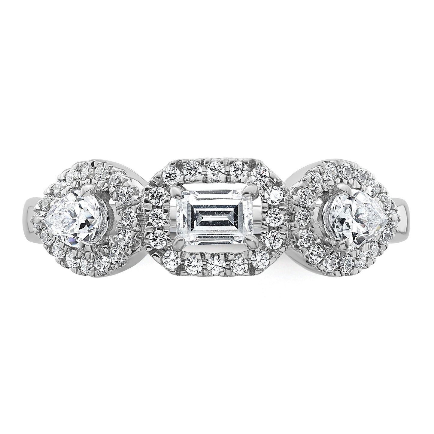 14k White Gold 5/8 carat Lab Grown Diamond VS/SI+ G+ Three Stone Emerald and Pear Complete Engagement Ring