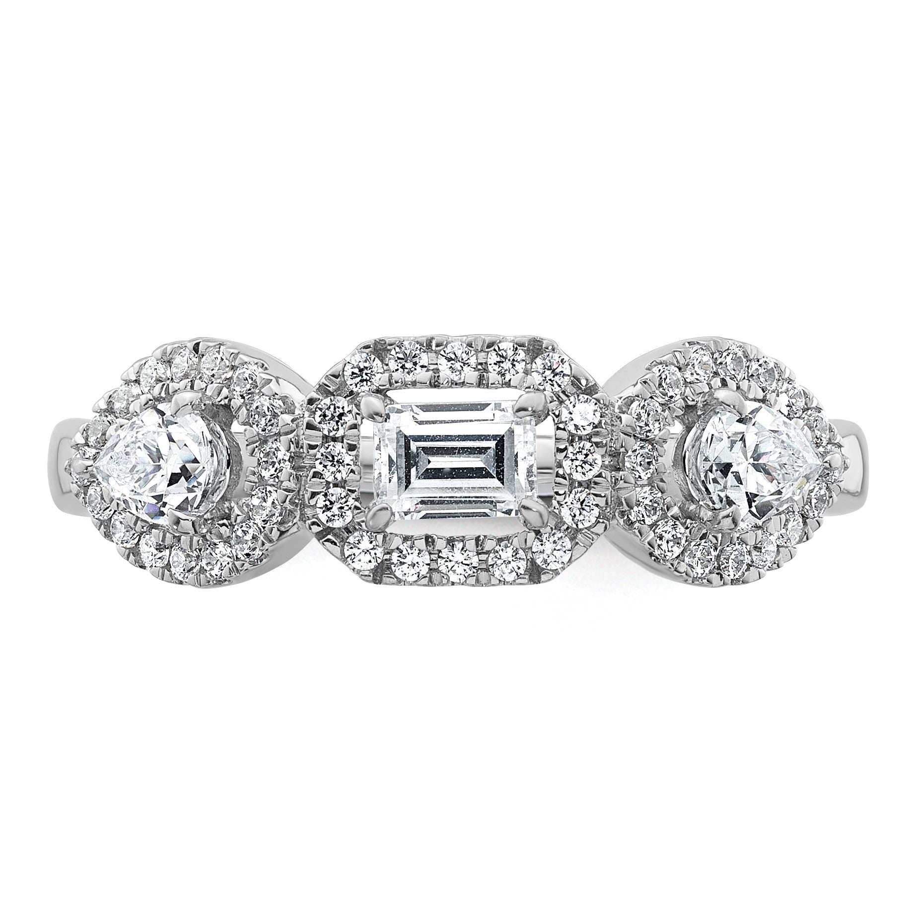 14k White Gold 5/8 carat Lab Grown Diamond VS/SI+ G+ Three Stone Emerald and Pear Complete Engagement Ring