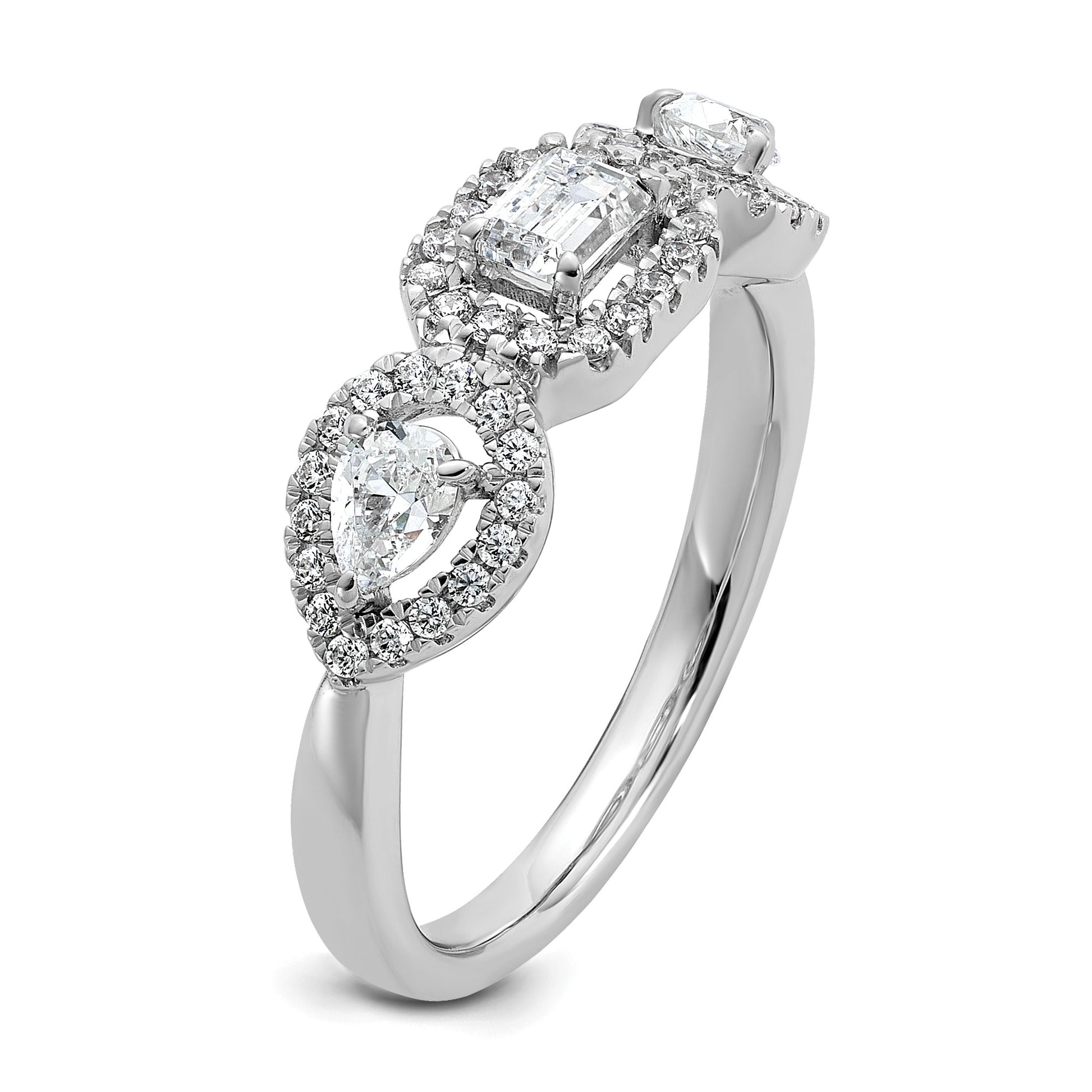14k White Gold 5/8 carat Lab Grown Diamond VS/SI+ G+ Three Stone Emerald and Pear Complete Engagement Ring