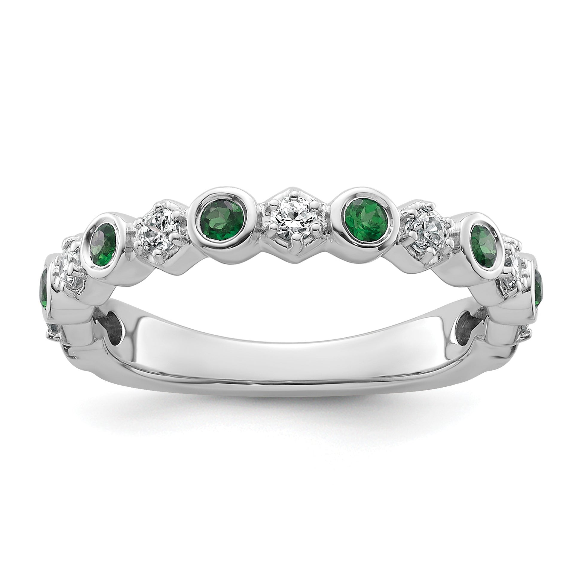 14K White Gold Polished 1/4 carat Diamond and Emerald Fashion Band