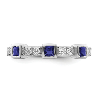 14K White Gold Polished 1/3 carat Diamond and Blue Princess Sapphire Fashion Ring