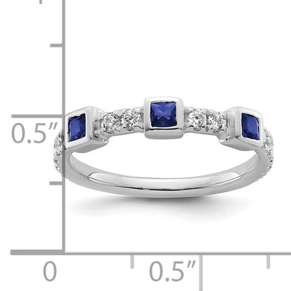14K White Gold Polished 1/3 carat Diamond and Blue Princess Sapphire Fashion Ring