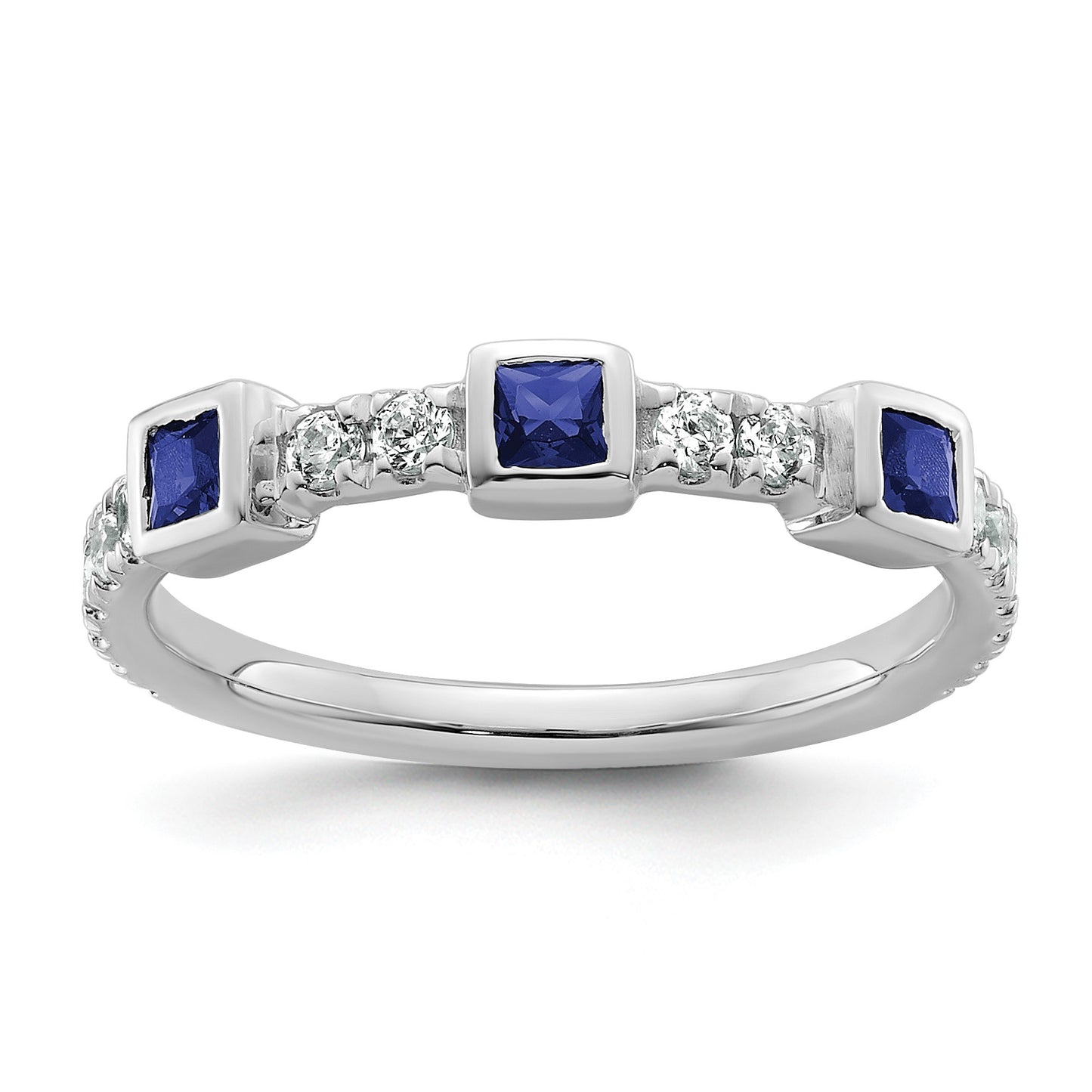 14K White Gold Polished 1/3 carat Diamond and Blue Princess Sapphire Fashion Ring