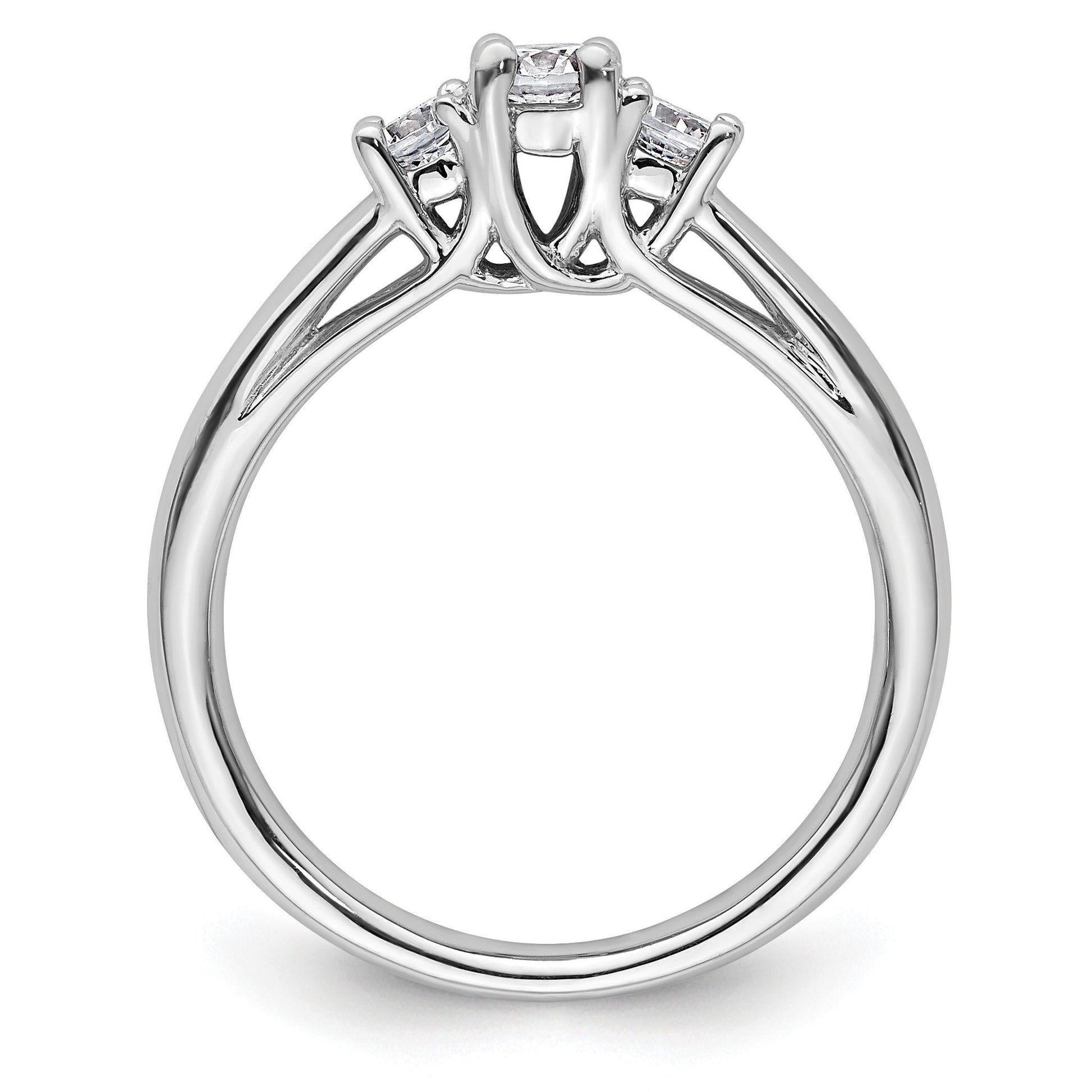 14K White Gold 3-Stone (Holds 1/4carat (4.1mm) Round Center and (2-3.2mm) Round Sides) Engagement Ring Mounting