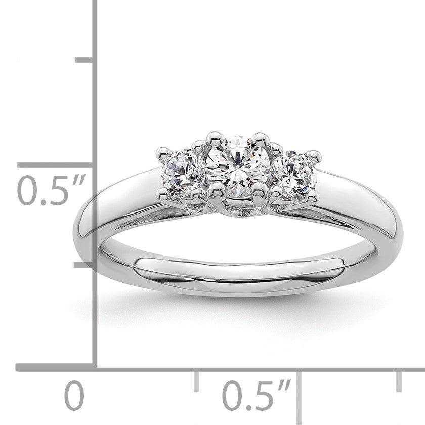 14K White Gold 3-Stone (Holds 1/4carat (4.1mm) Round Center and (2-3.2mm) Round Sides) Engagement Ring Mounting