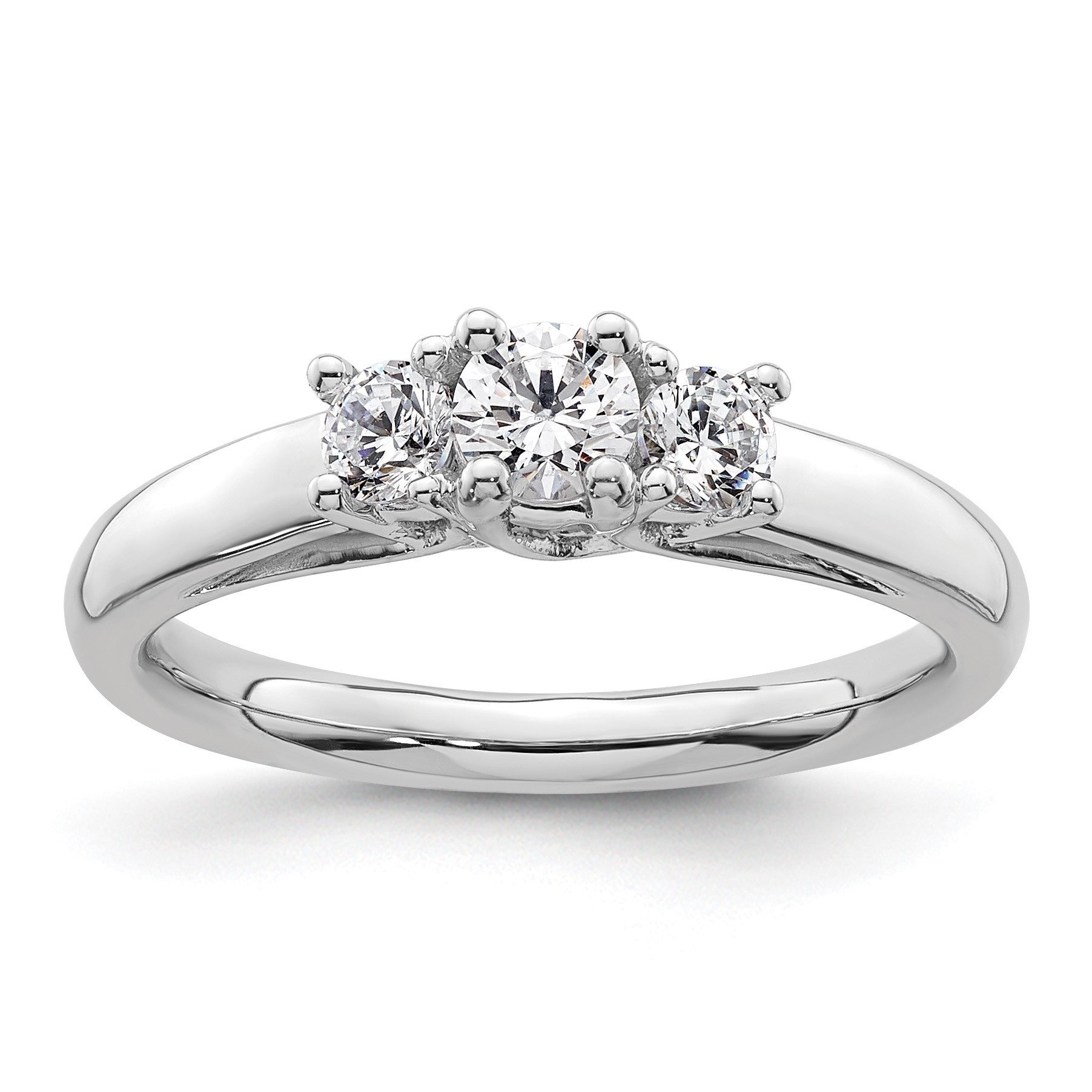 14K White Gold 3-Stone (Holds 1/4carat (4.1mm) Round Center and (2-3.2mm) Round Sides) Engagement Ring Mounting