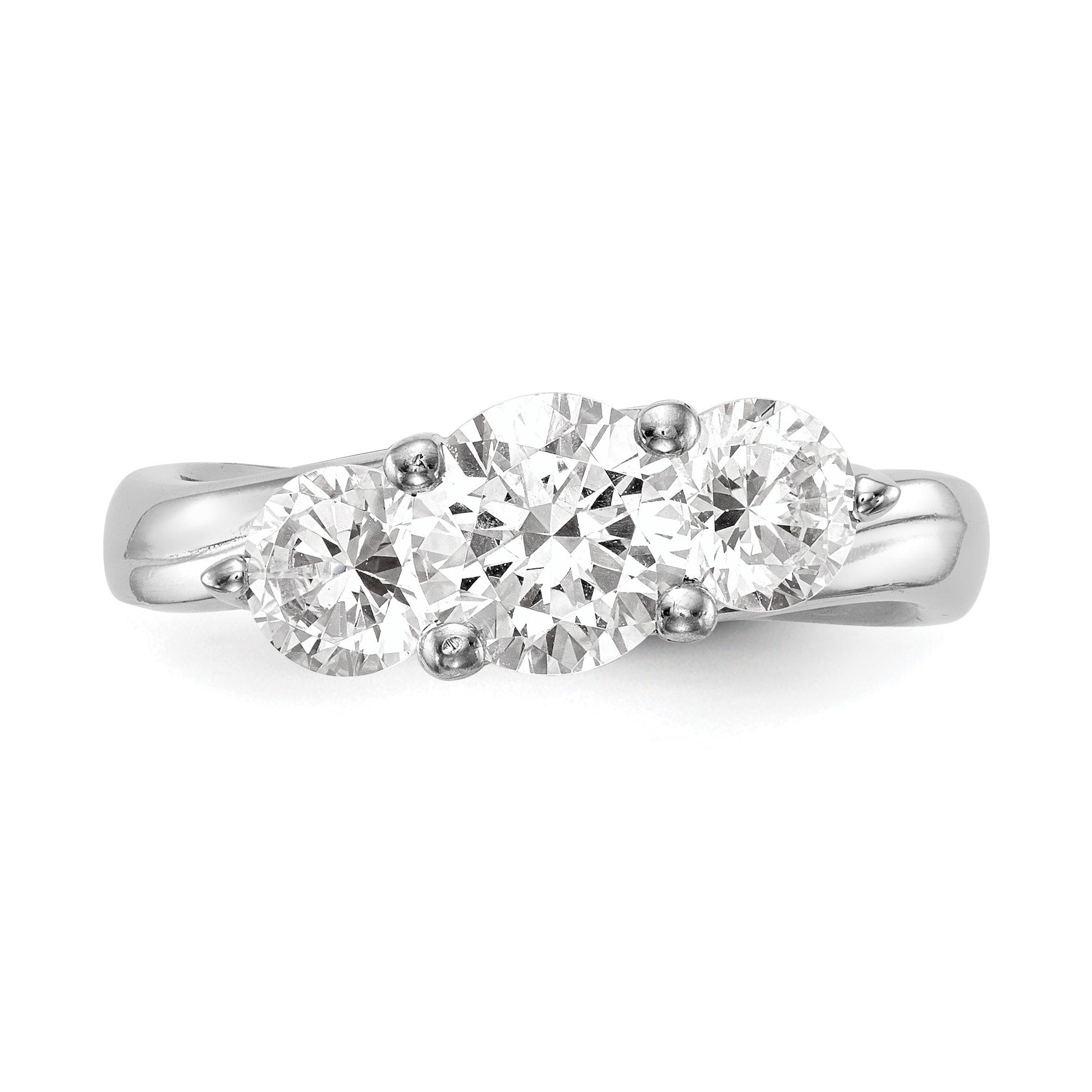 14K White Gold 3-Stone (Holds 1 carat (6.5mm) Round Center and (2-5.2mm) Round Sides) Engagement Ring Mounting