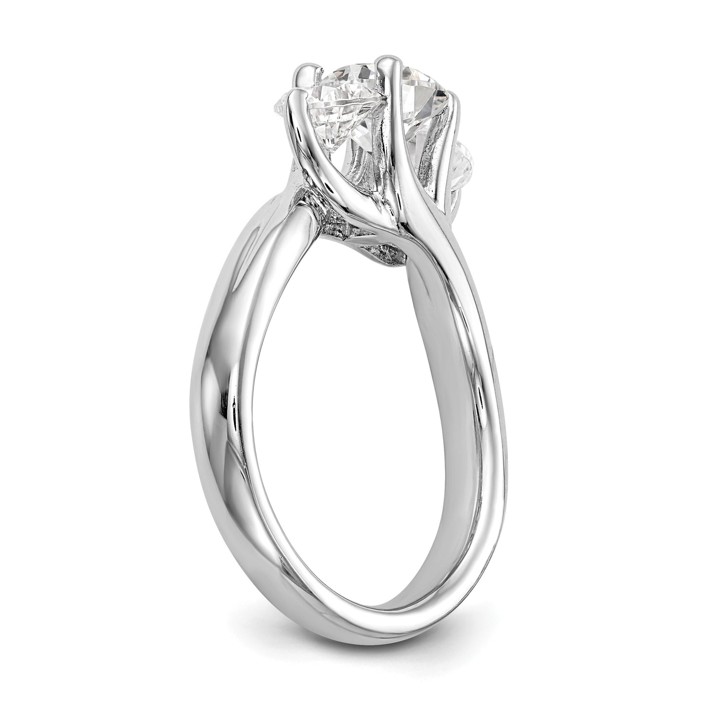 14K White Gold 3-Stone (Holds 1 carat (6.5mm) Round Center and (2-5.2mm) Round Sides) Engagement Ring Mounting