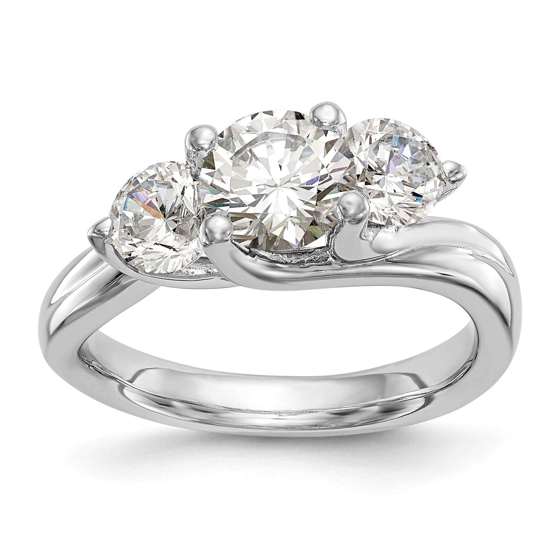 14K White Gold 3-Stone (Holds 1 carat (6.5mm) Round Center and (2-5.2mm) Round Sides) Engagement Ring Mounting