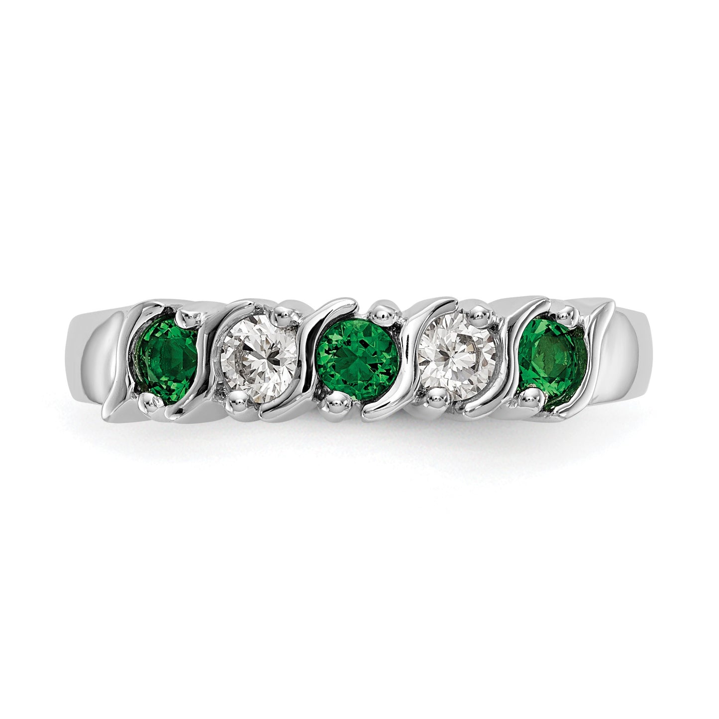 14k White Gold 1/5 carat Diamond and Emerald Complete Band
