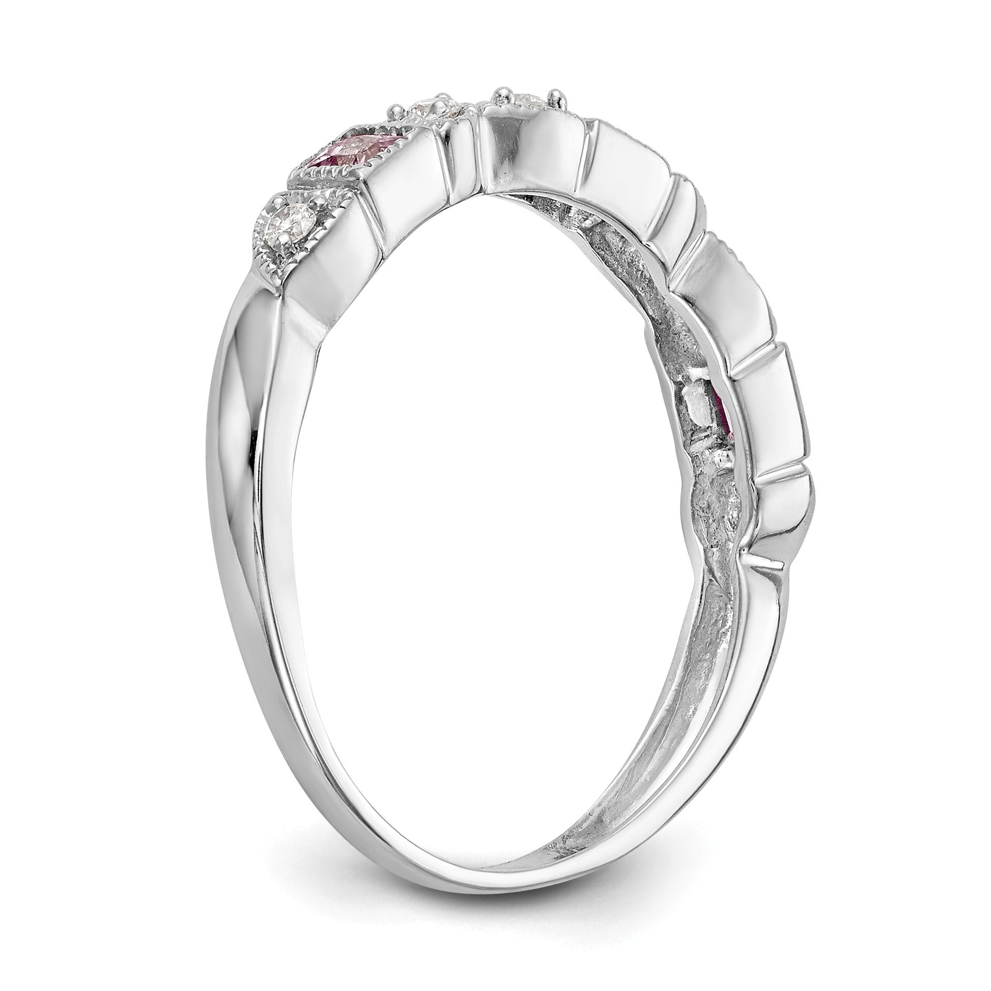14k White Gold Heart Design 1/10 carat Diamond and Pink Sapphire Complete Band