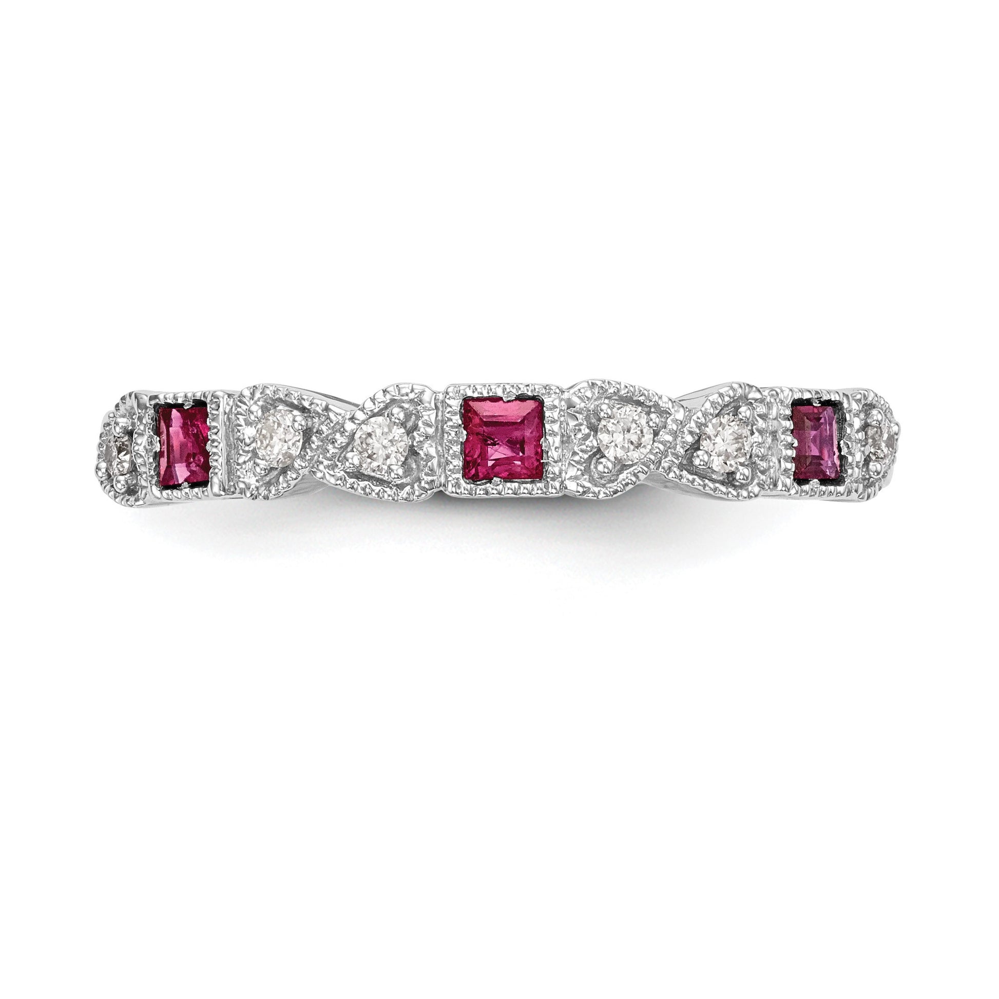 14k White Gold Heart Design 1/10 carat Diamond and Ruby Complete Band