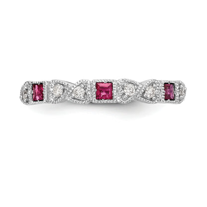 14k White Gold Heart Design 1/10 carat Diamond and Ruby Complete Band