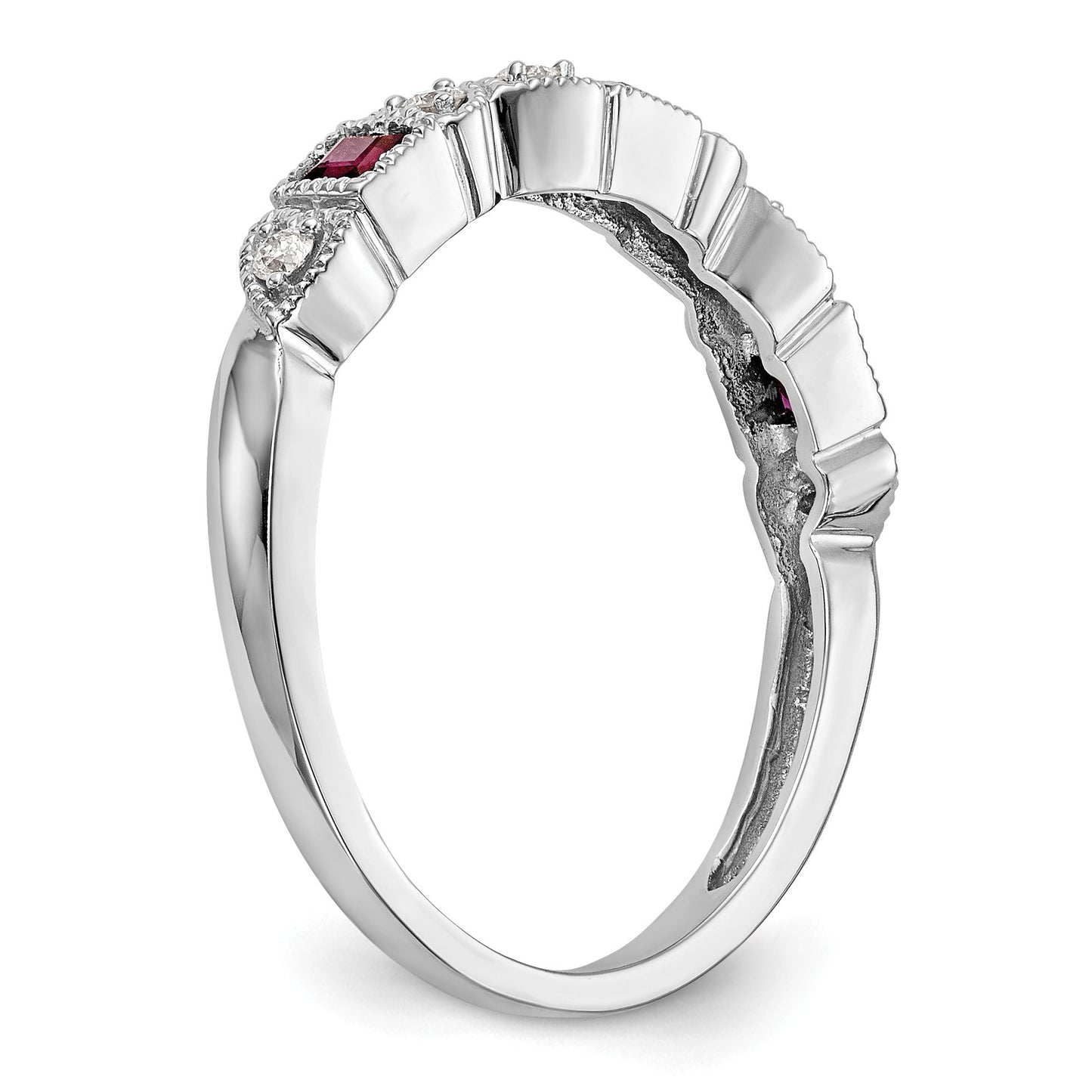 14k White Gold Heart Design 1/10 carat Diamond and Ruby Complete Band
