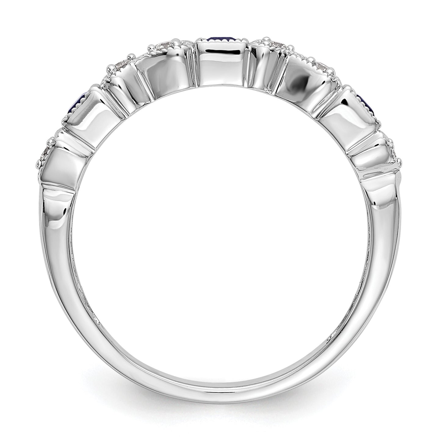 14k White Gold Heart Design 1/10 carat Diamond and Blue Princess Sapphire Complete Band