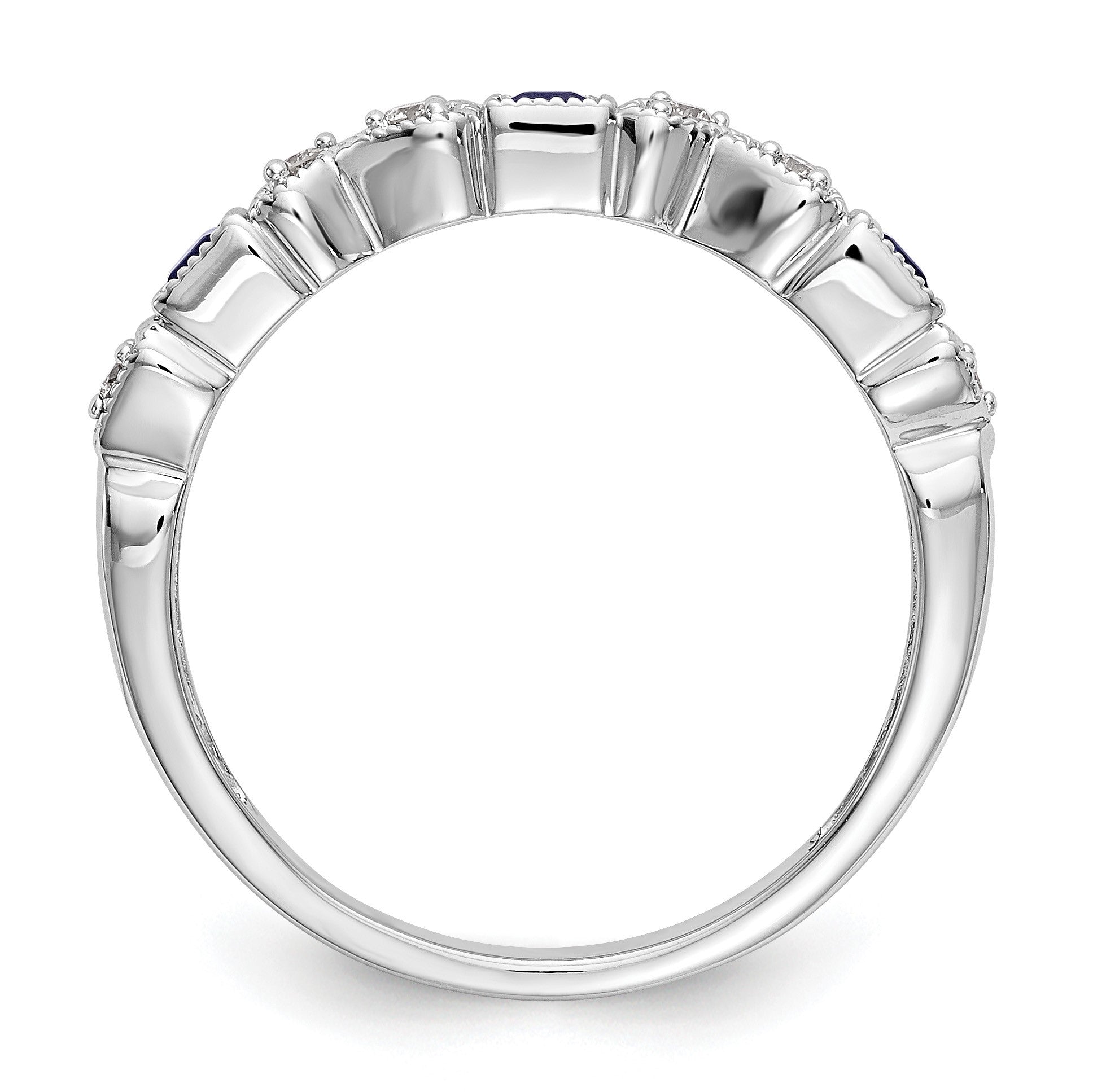 14k White Gold Heart Design 1/10 carat Diamond and Blue Princess Sapphire Complete Band