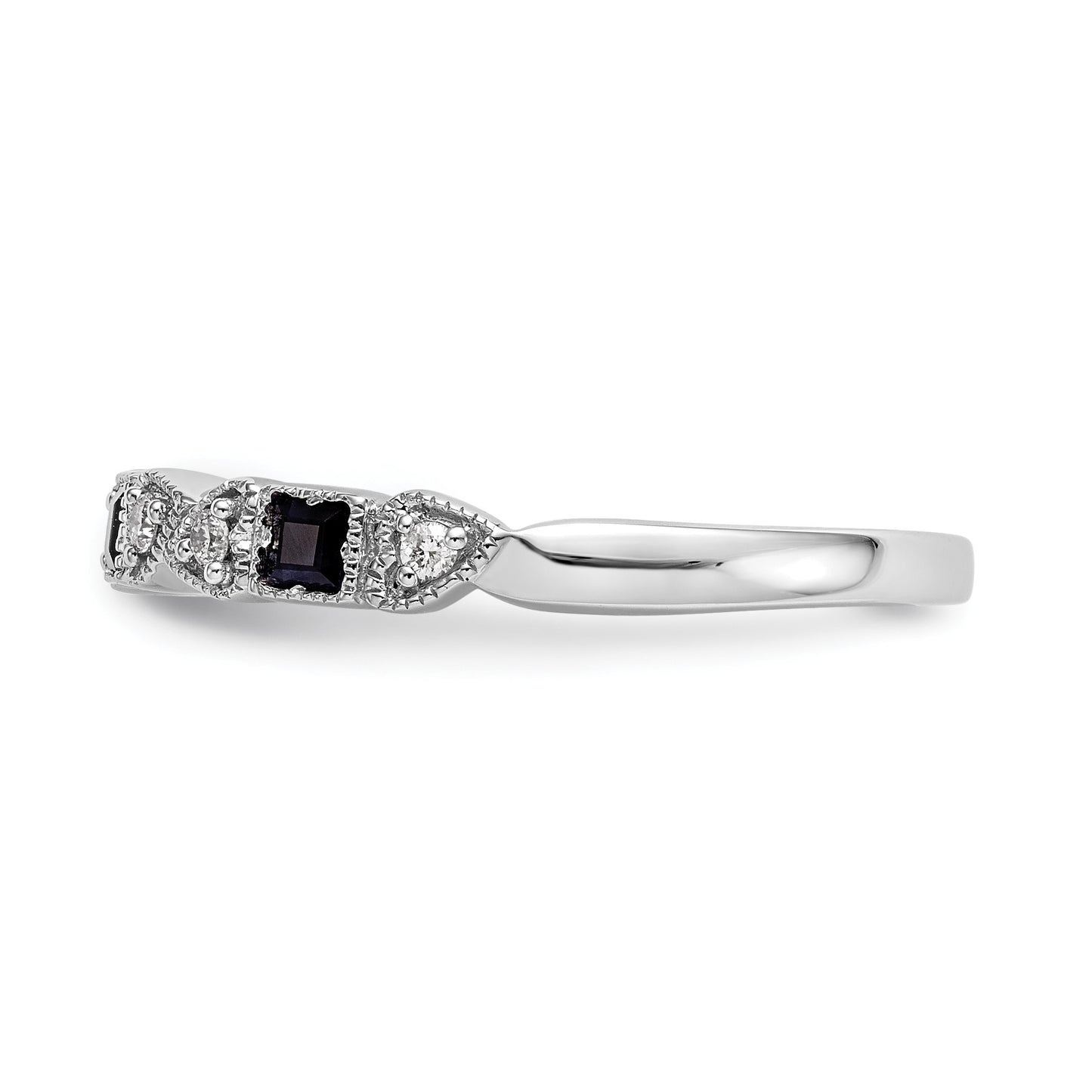14k White Gold Heart Design 1/10 carat Diamond and Blue Princess Sapphire Complete Band