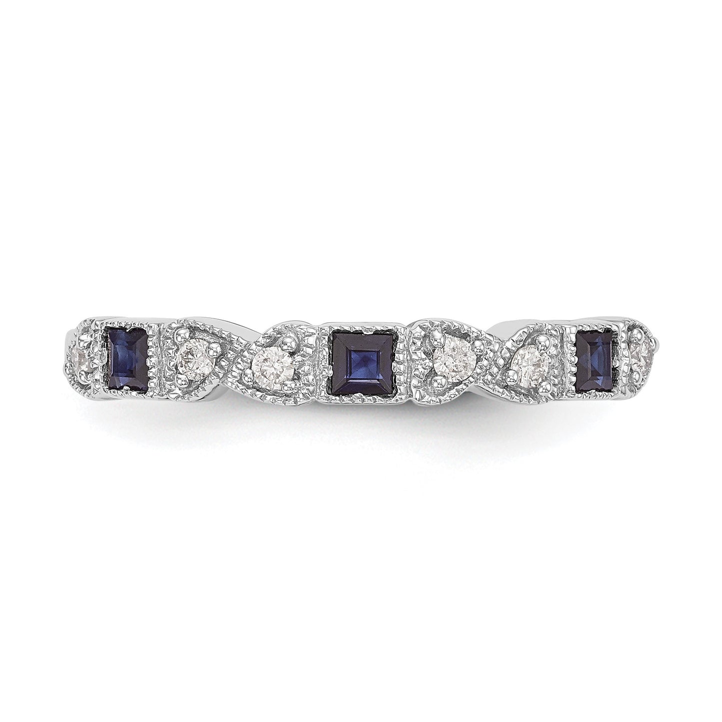 14k White Gold Heart Design 1/10 carat Diamond and Blue Princess Sapphire Complete Band