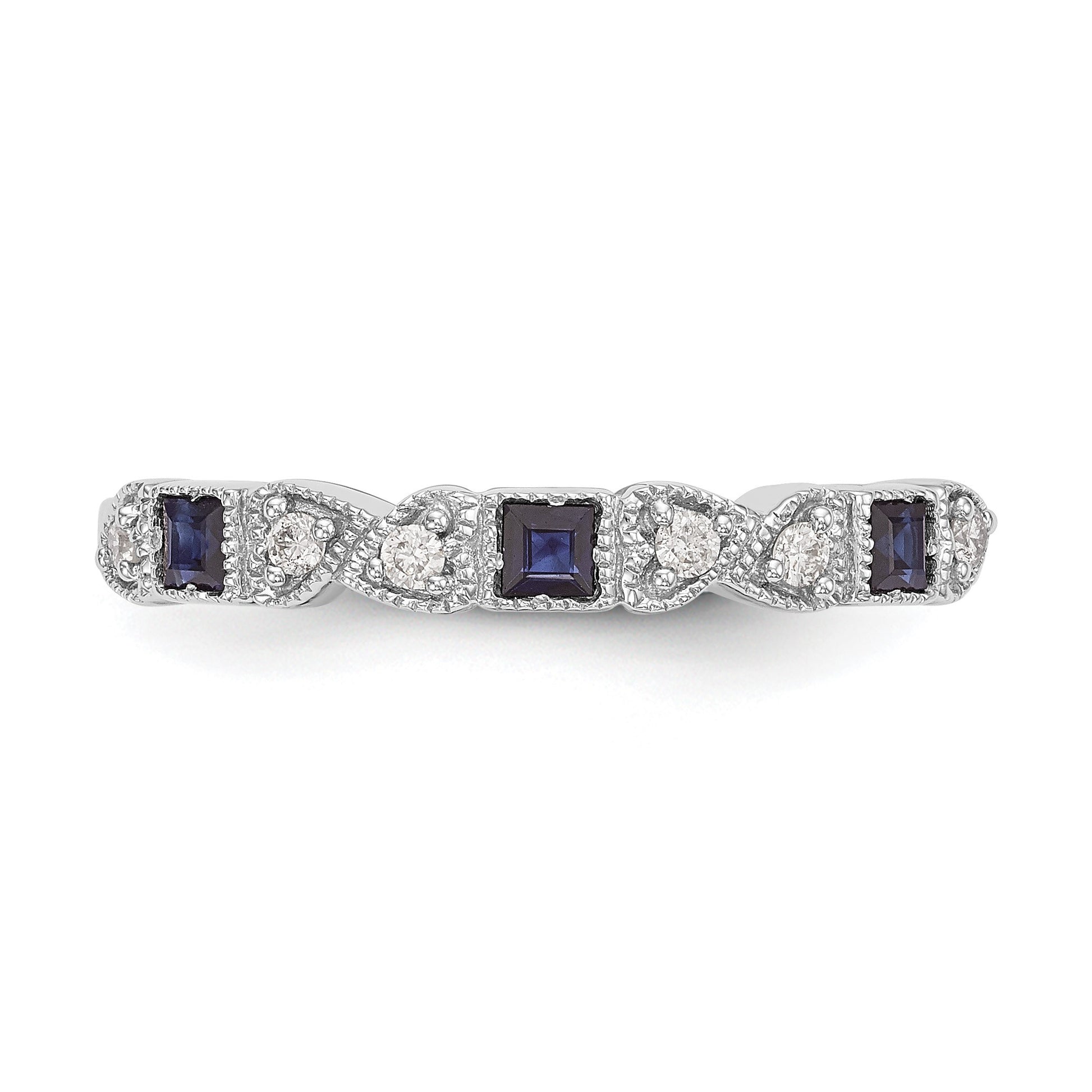 14k White Gold Heart Design 1/10 carat Diamond and Blue Princess Sapphire Complete Band