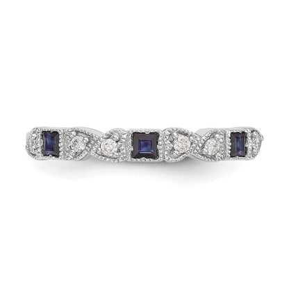 14k White Gold Heart Design 1/10 carat Diamond and Blue Princess Sapphire Complete Band