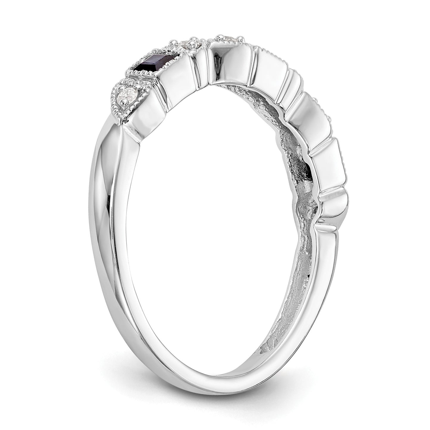 14k White Gold Heart Design 1/10 carat Diamond and Blue Princess Sapphire Complete Band