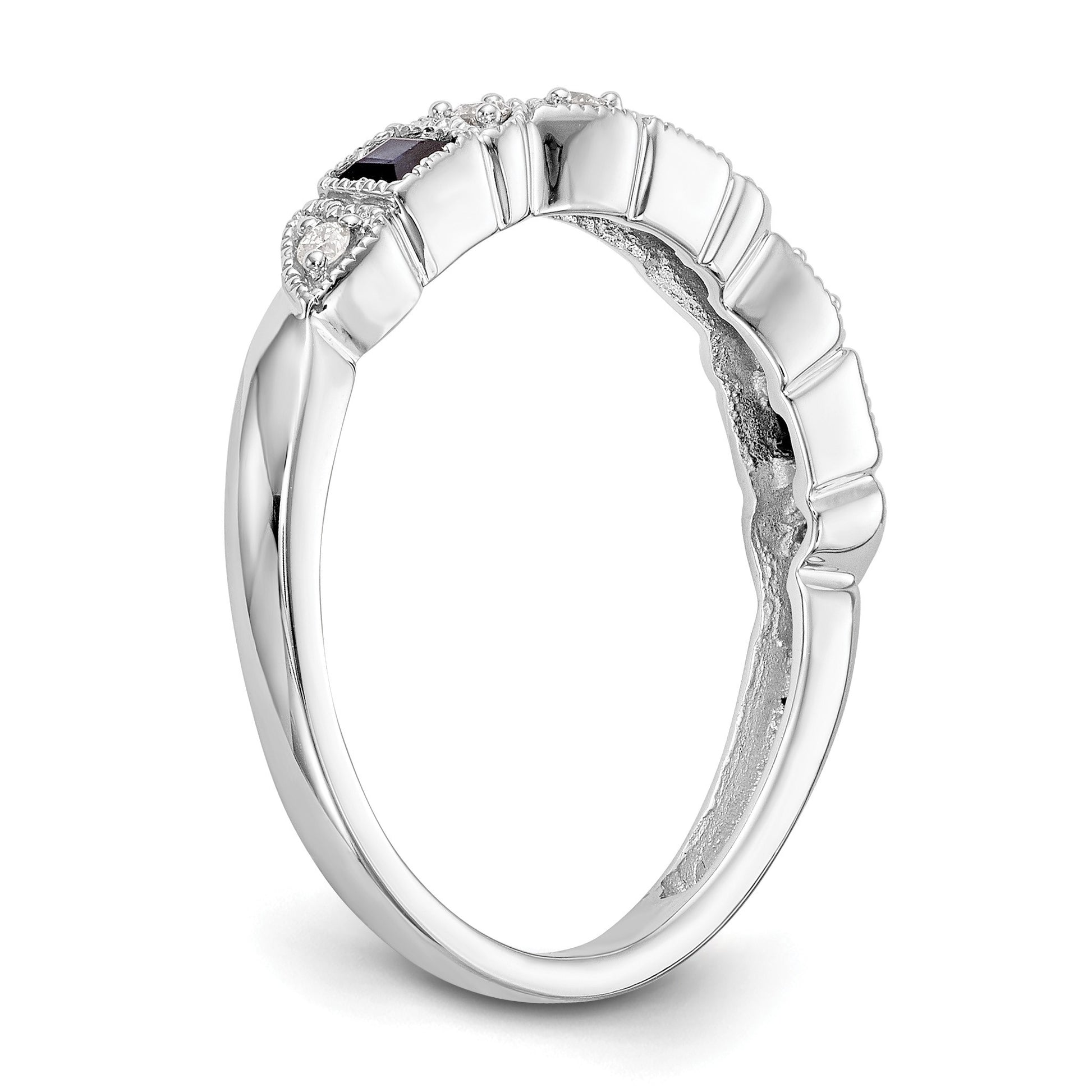14k White Gold Heart Design 1/10 carat Diamond and Blue Princess Sapphire Complete Band