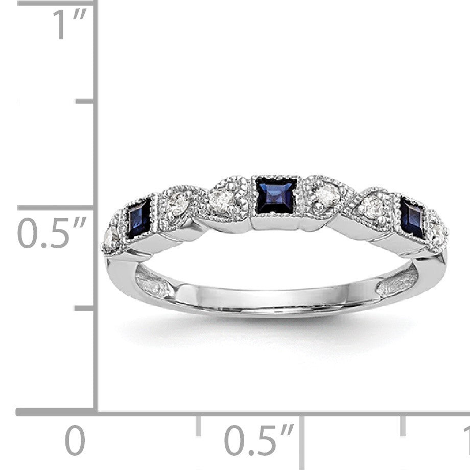 14k White Gold Heart Design 1/10 carat Diamond and Blue Princess Sapphire Complete Band