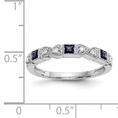 14k White Gold Heart Design 1/10 carat Diamond and Blue Princess Sapphire Complete Band