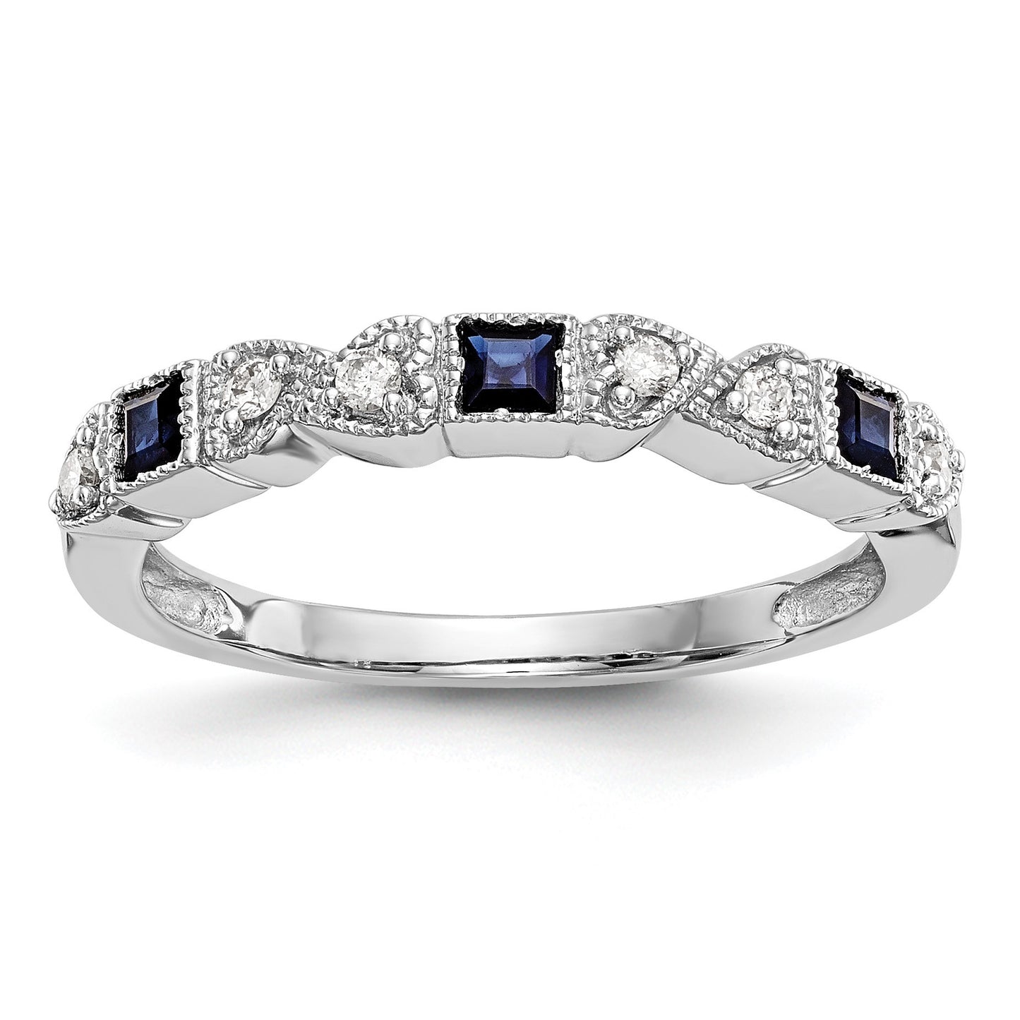 14k White Gold Heart Design 1/10 carat Diamond and Blue Princess Sapphire Complete Band