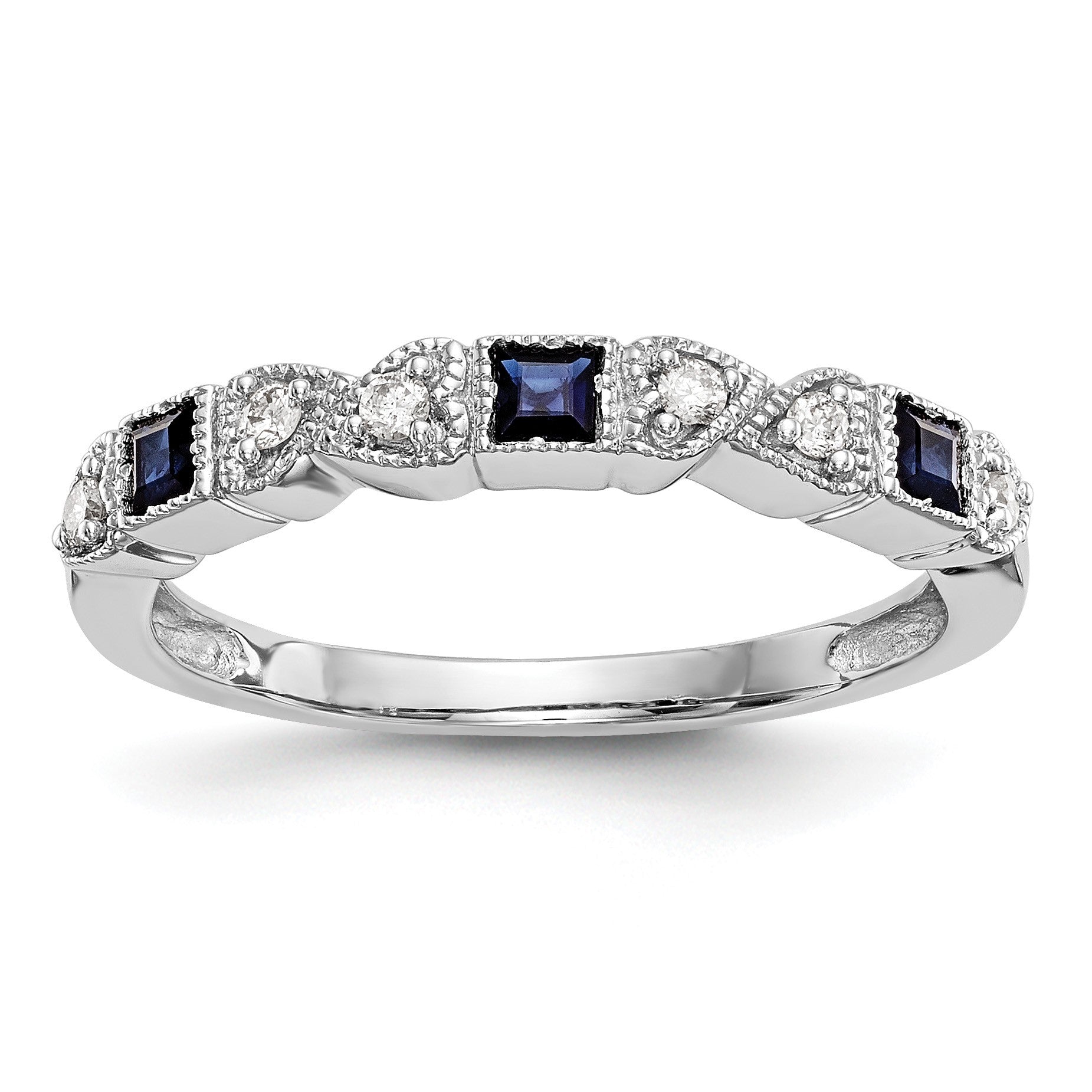 14k White Gold Heart Design 1/10 carat Diamond and Blue Princess Sapphire Complete Band