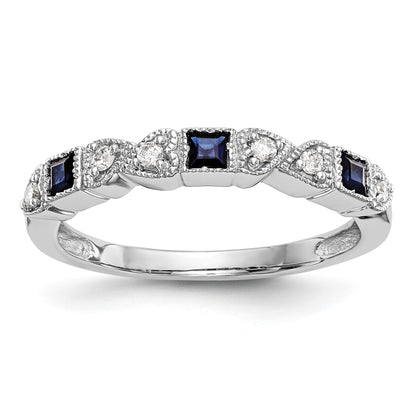 14k White Gold Heart Design 1/10 carat Diamond and Blue Princess Sapphire Complete Band