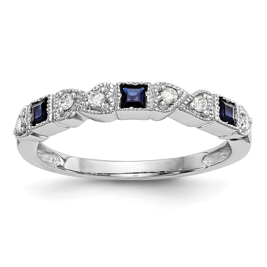 14k White Gold Heart Design 1/10 carat Diamond and Blue Princess Sapphire Complete Band
