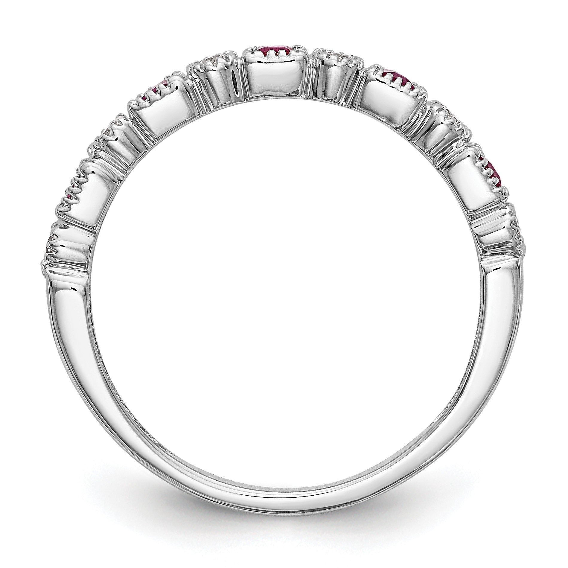 14k White Gold 1/10 carat Diamond and Ruby Complete Band