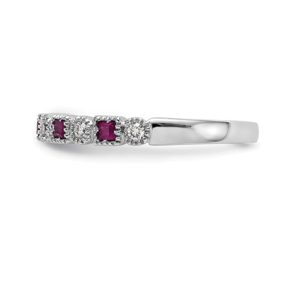14k White Gold 1/10 carat Diamond and Ruby Complete Band
