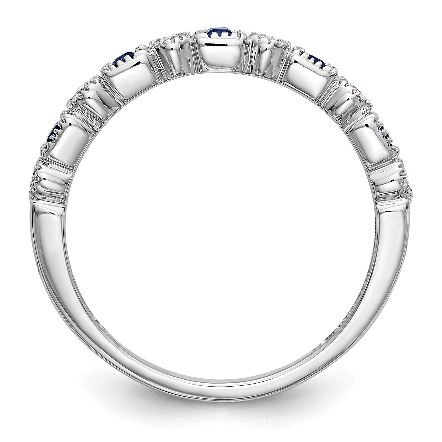 14k White Gold 1/10 carat Diamond and Blue Princess Sapphire Complete Band
