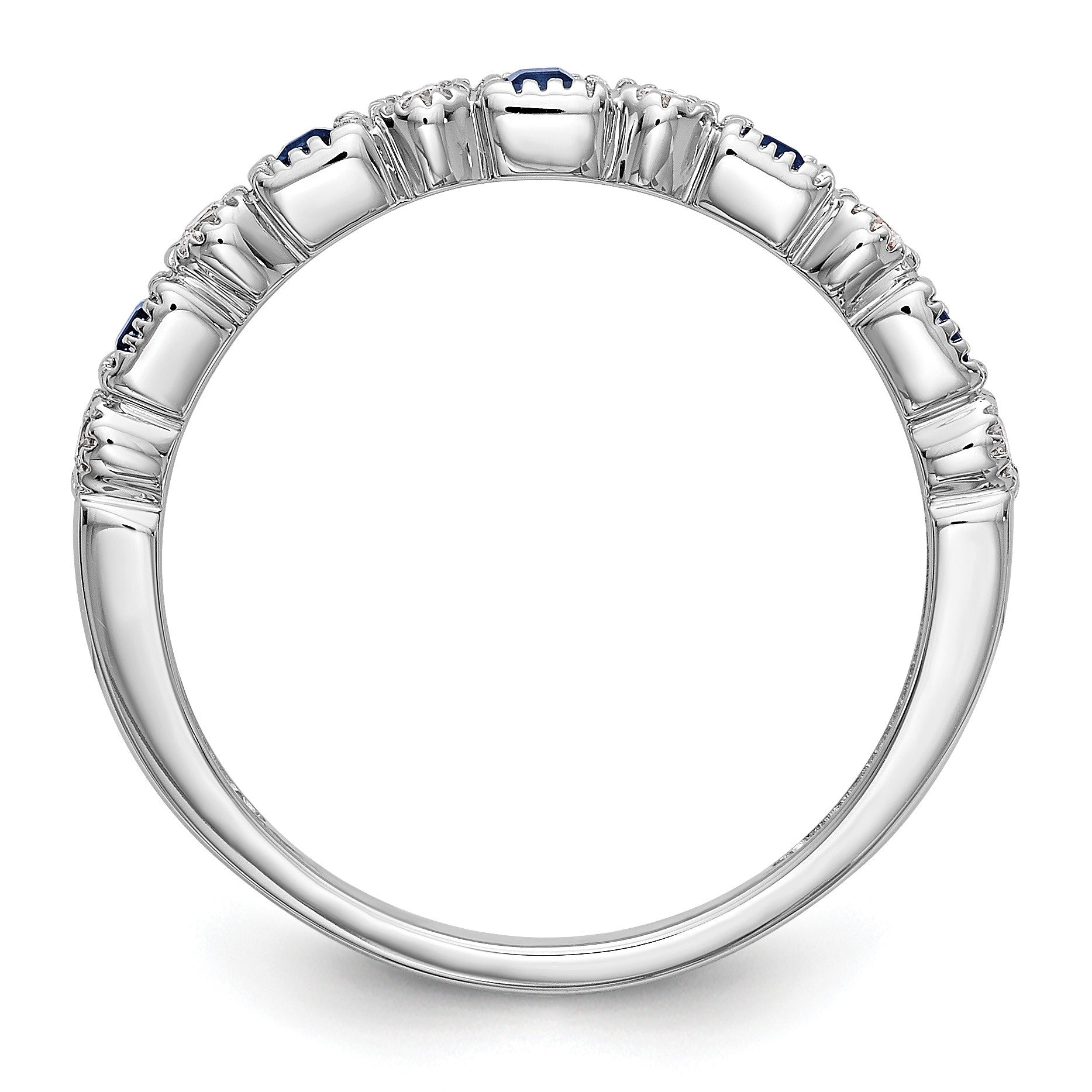 14k White Gold 1/10 carat Diamond and Blue Princess Sapphire Complete Band