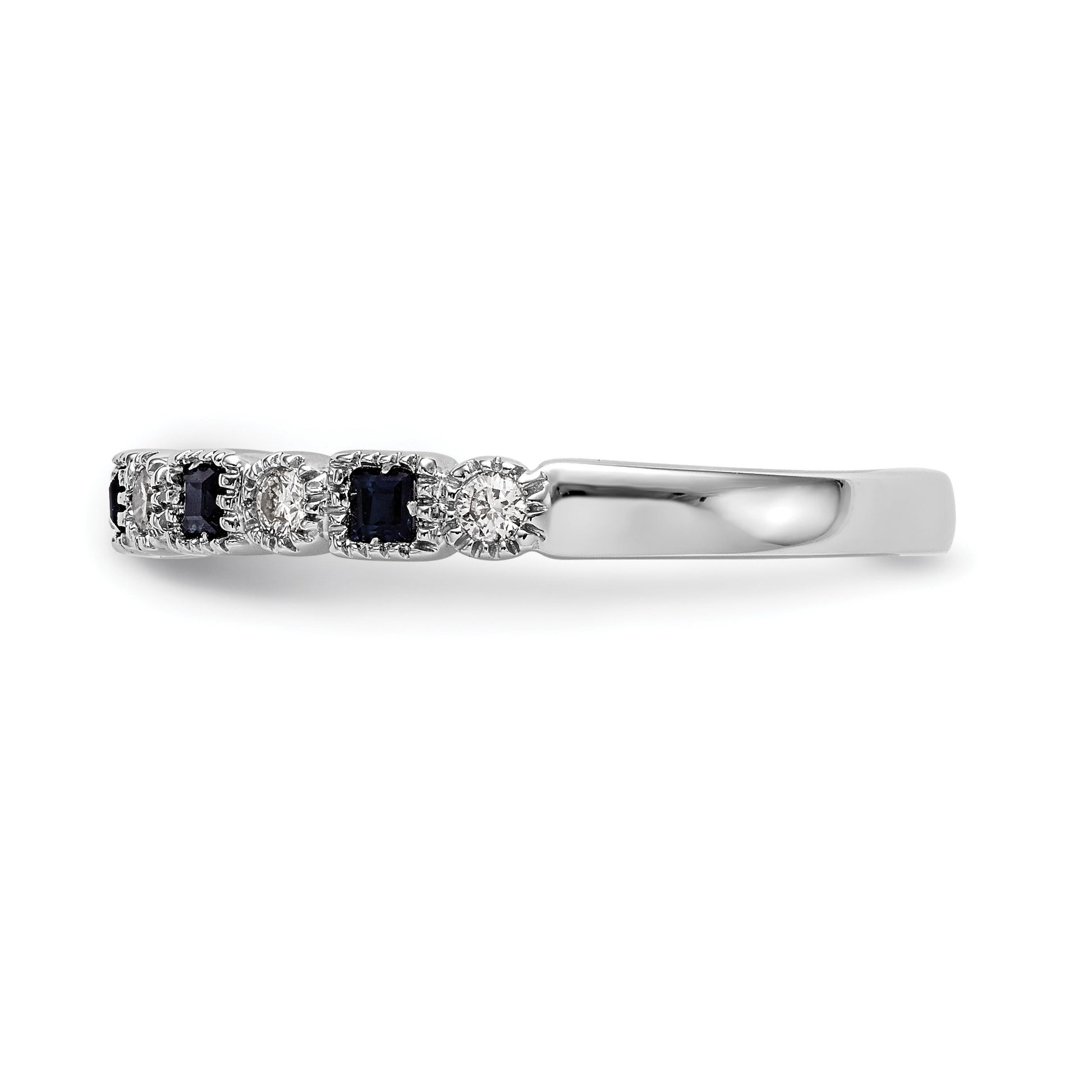 14k White Gold 1/10 carat Diamond and Blue Princess Sapphire Complete Band